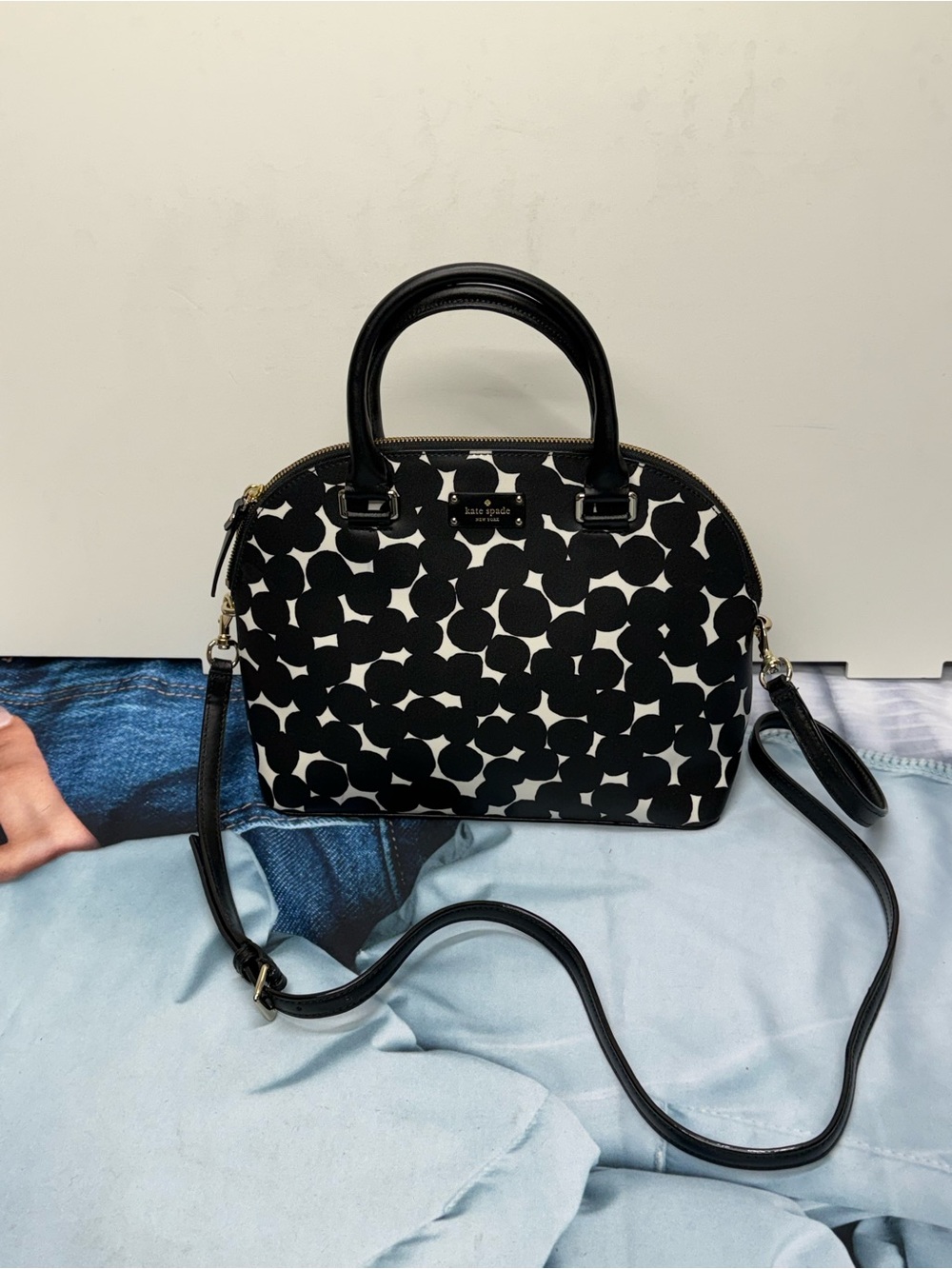(new+tag) Kate Spade Leather Carli Polka Dot Black White Graphic Dome Satchel - Picture 4 of 12